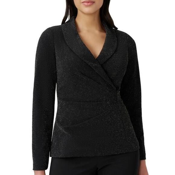 Adrianna Papell Women's Metallic Knit Draped Top Long Sleeve in Black Size 2 NWT - Picture 1 of 11